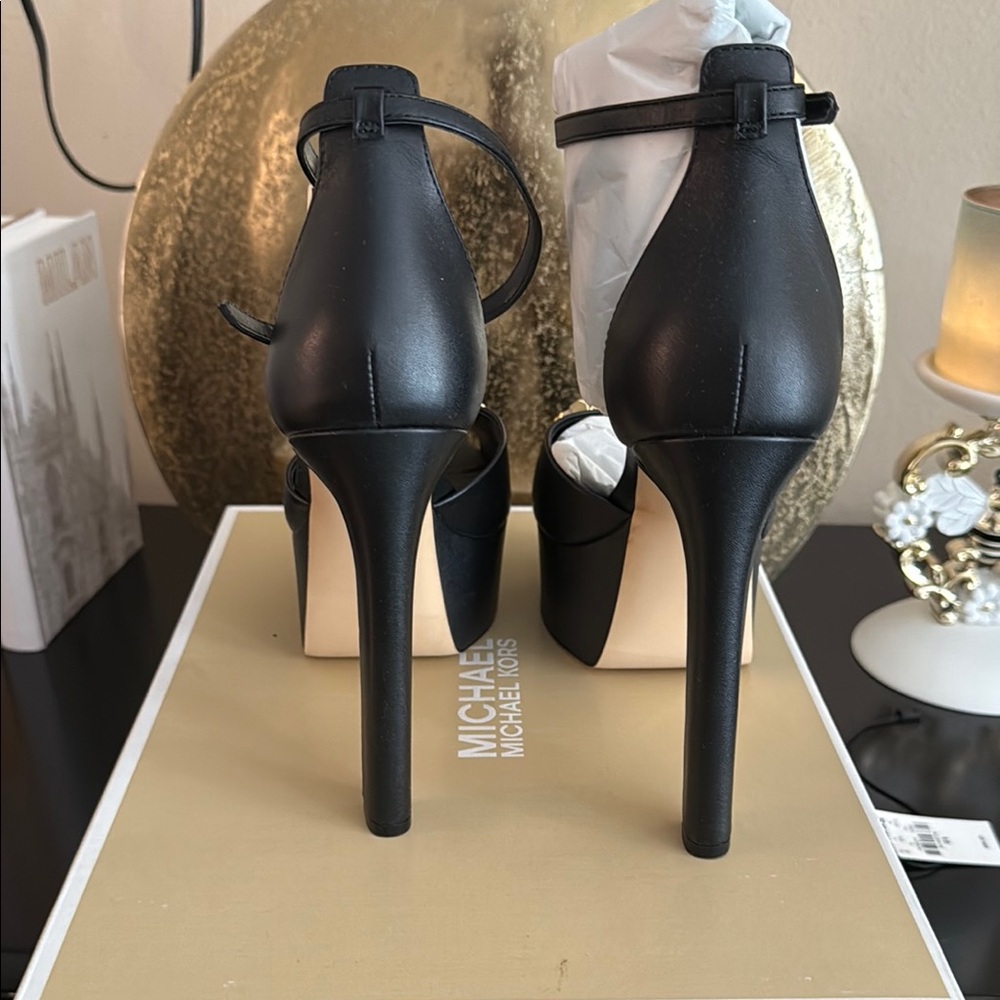 Michael Kors Black Platform Heels with Gold Accents-Martina Peep Toe Pump - Picture 7 of 7